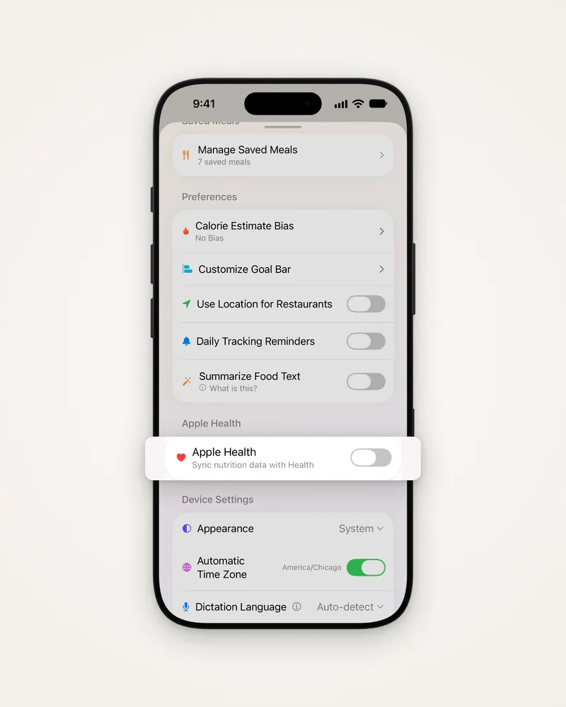 Settings with the Apple Health switch lifted
