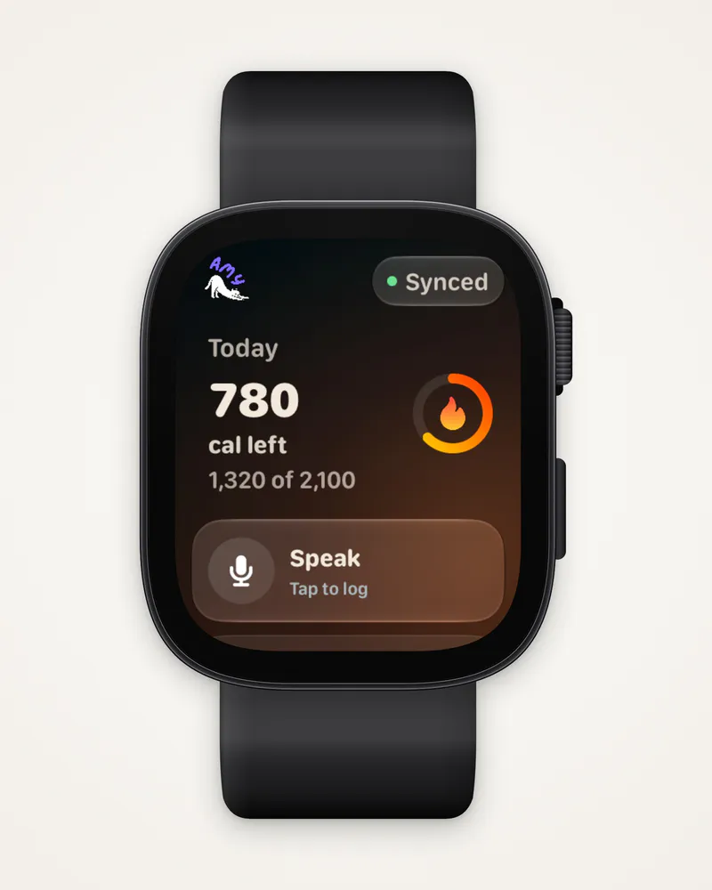 Amy on the watch: 780 cal left today, with Speak below