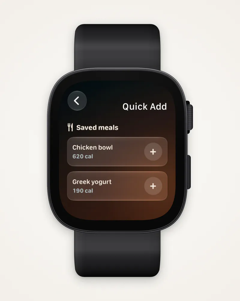 Quick Add on the watch, with two saved meals and a + for each