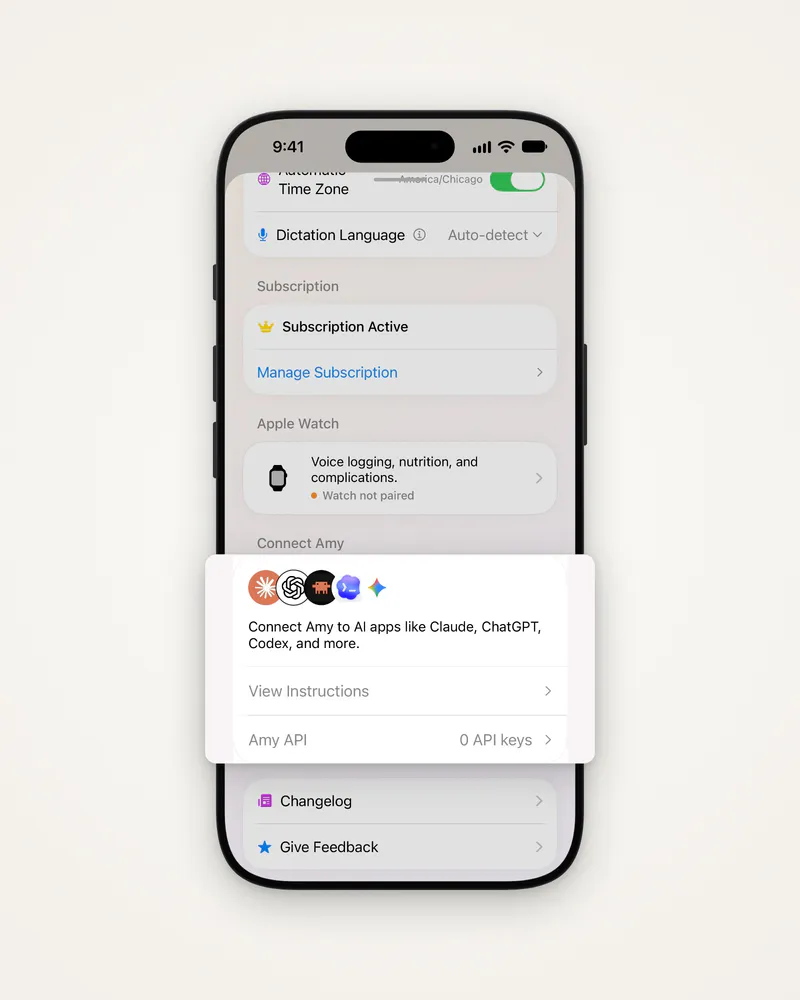 Settings with the Connect Amy card lifted