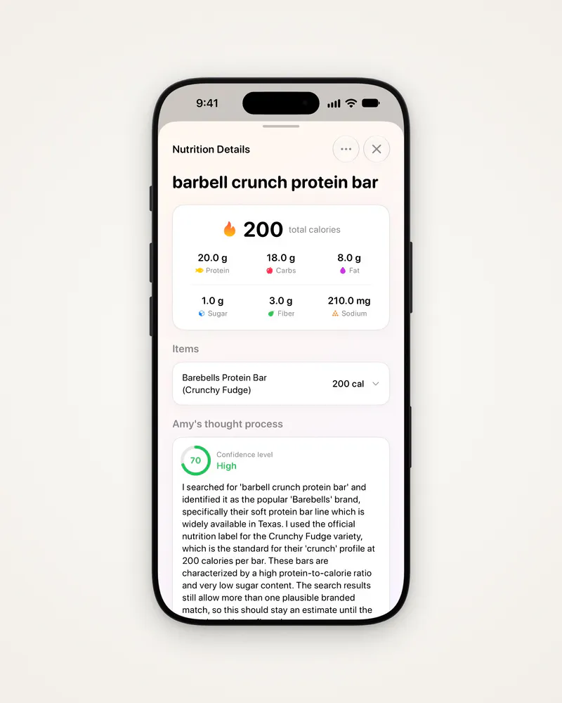 Nutrition Details for a protein bar, with Amy's thought process