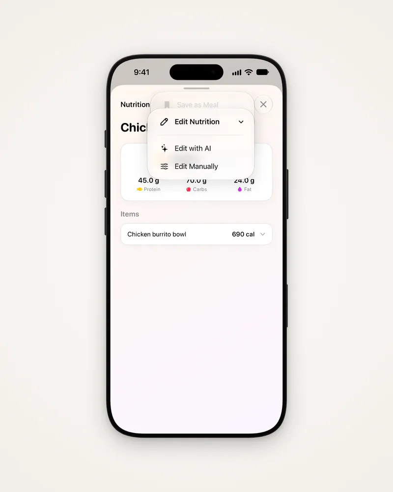The Edit Nutrition menu: Edit with AI and Edit Manually