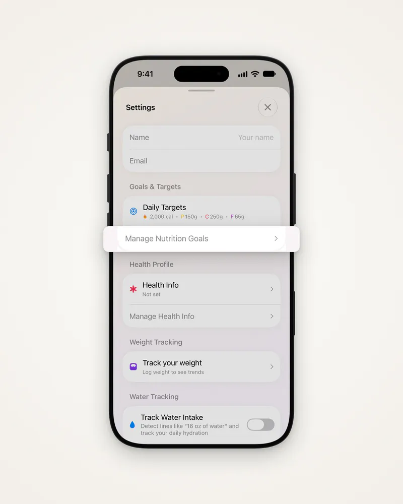 Settings, with Manage Nutrition Goals lifted