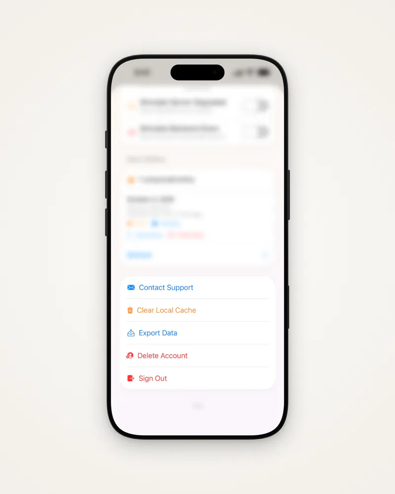 The account options at the bottom of Settings