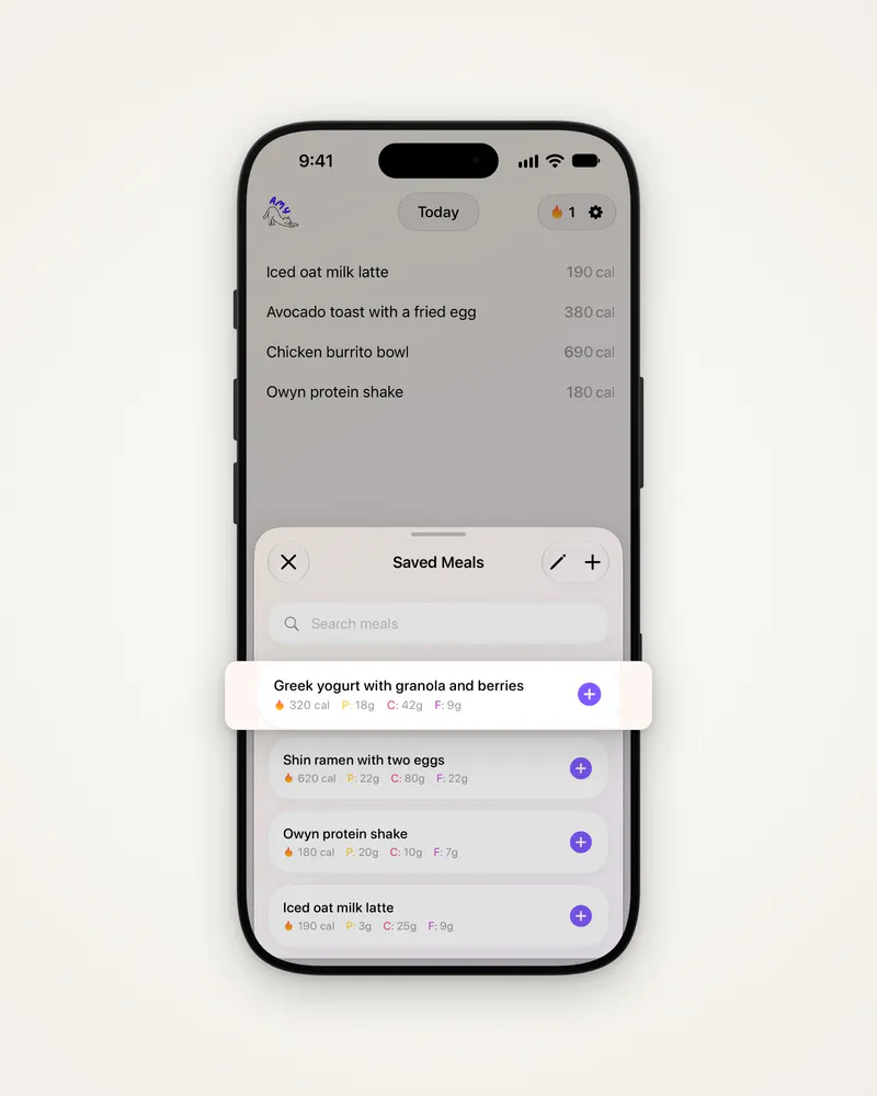 Saved Meals over the main screen, with one meal lifted