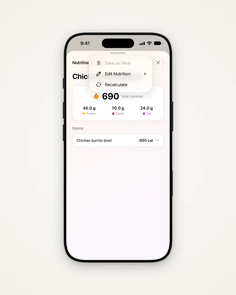 The β’β’β’ menu, with Save as Meal greyed out