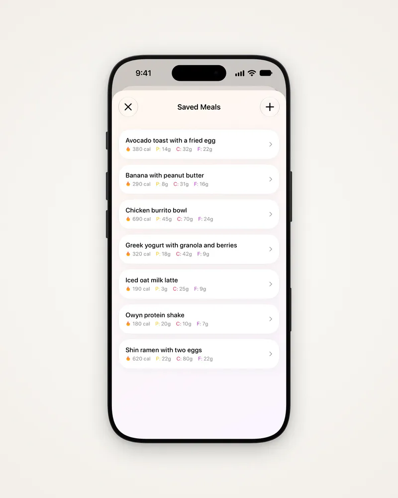 The Saved Meals list in Settings