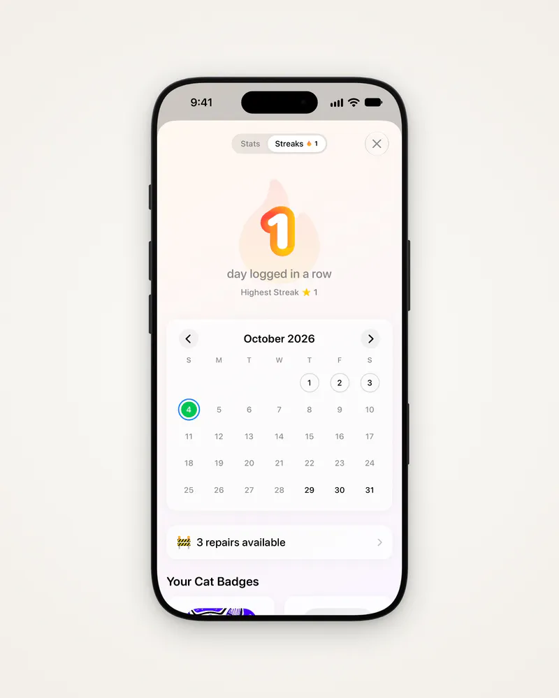 The Streaks tab: a 1-day streak, the October calendar and 3 repairs
