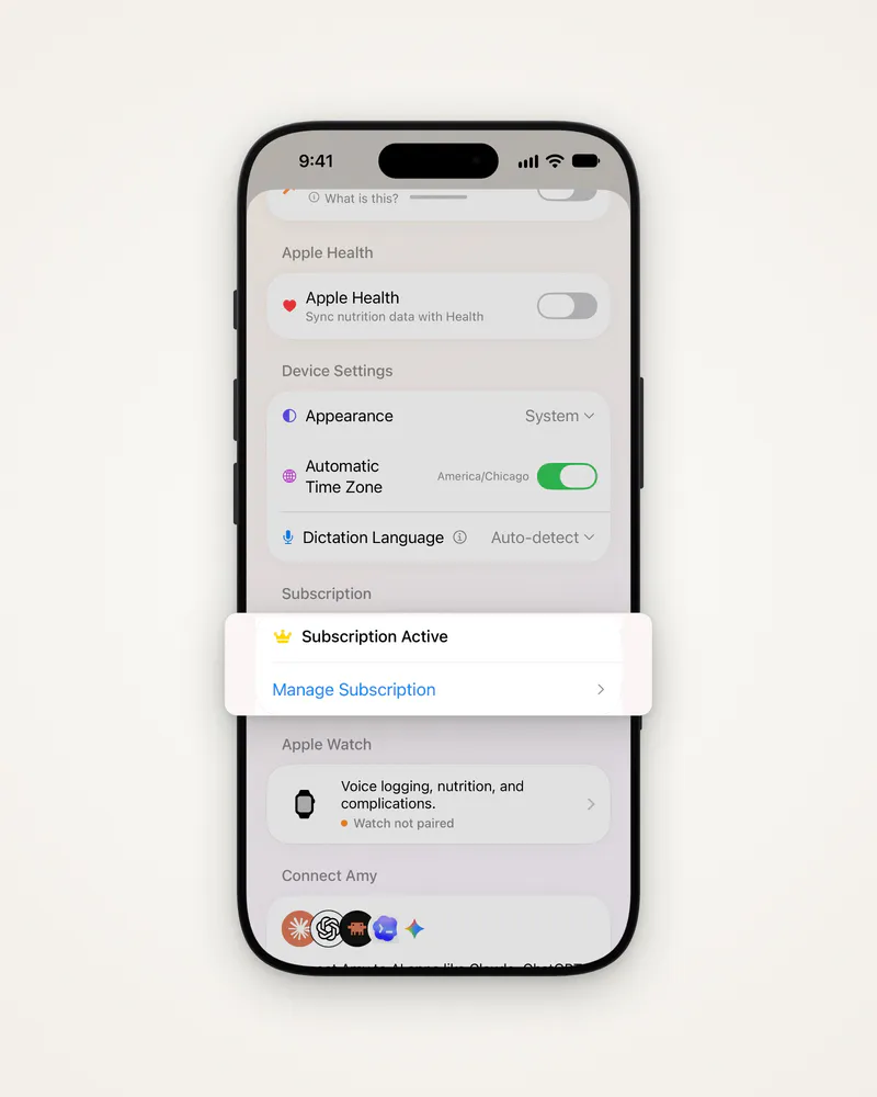 Settings with the Subscription card lifted