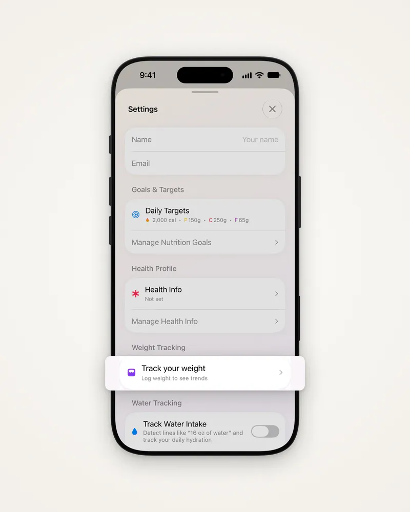 Settings with the Track your weight row lifted