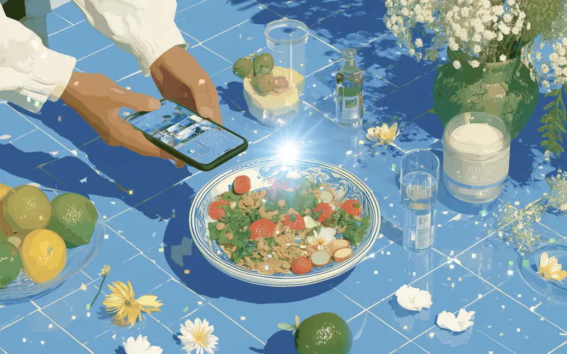 Artistic illustration of a hand reaching for a phone scanning a colorful salad on a blue surface surrounded by fruits and flowers
