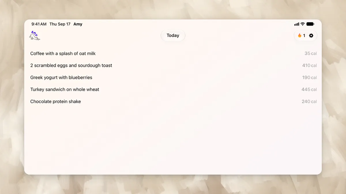 Example Amy journal on iPad showing five completed meal estimates