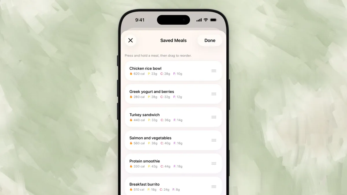 Amy Saved Meals showing example breakfasts, lunches, and dinners in a custom order