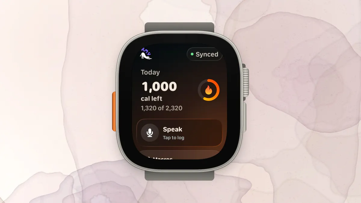 Example Amy Apple Watch dashboard showing calories remaining and the Speak button