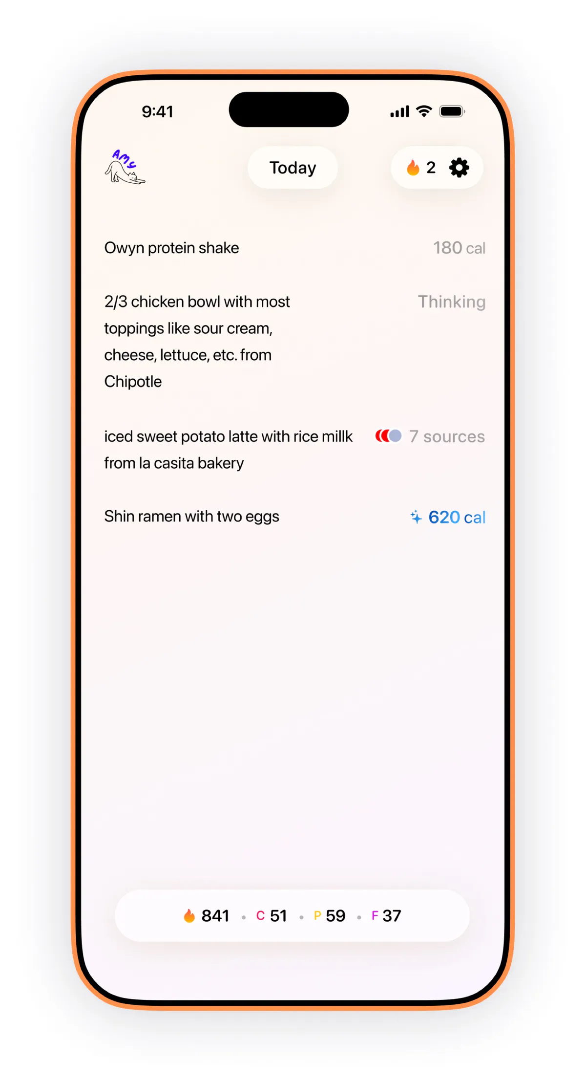Amy Food Journal home screen showing daily calorie log