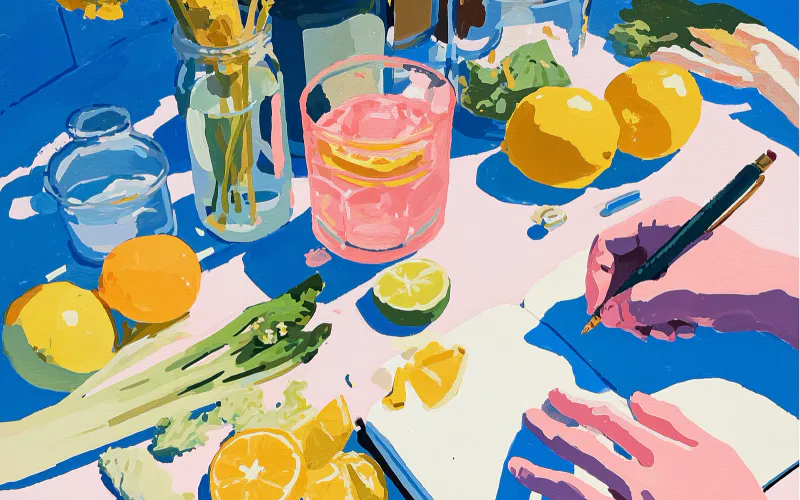 Painterly editorial still life of a notebook, pen, citrus, vegetables, and drinks for an Apple Notes calorie tracker guide