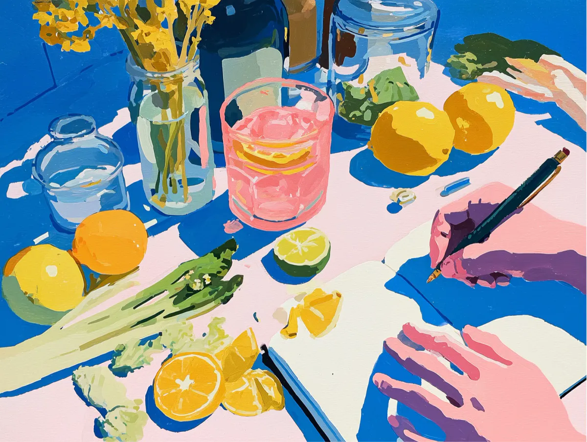 Painterly editorial still life of a notebook, pen, citrus, vegetables, and drinks for an Apple Notes calorie tracker guide