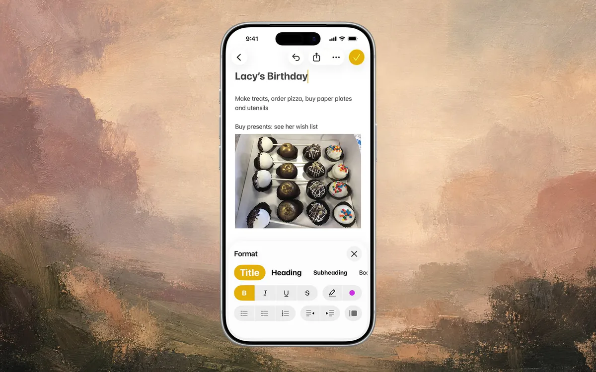 Apple Notes formatting screenshot on a subtle full-bleed landscape art background
