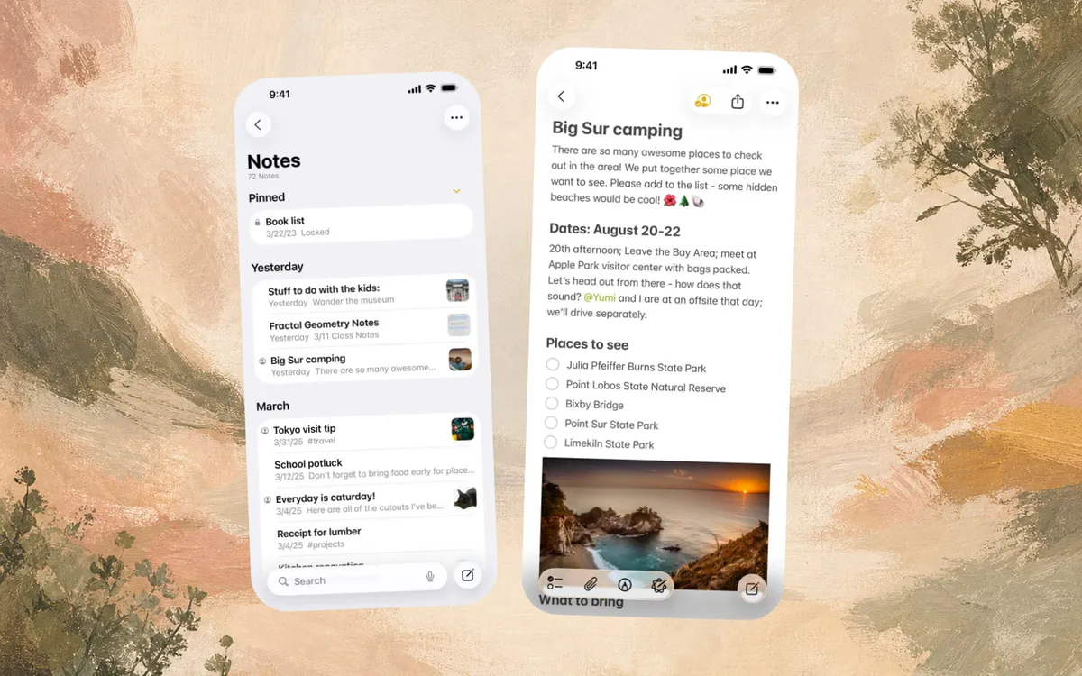 Apple Notes App Store list and note screenshots on a warm full-bleed art background