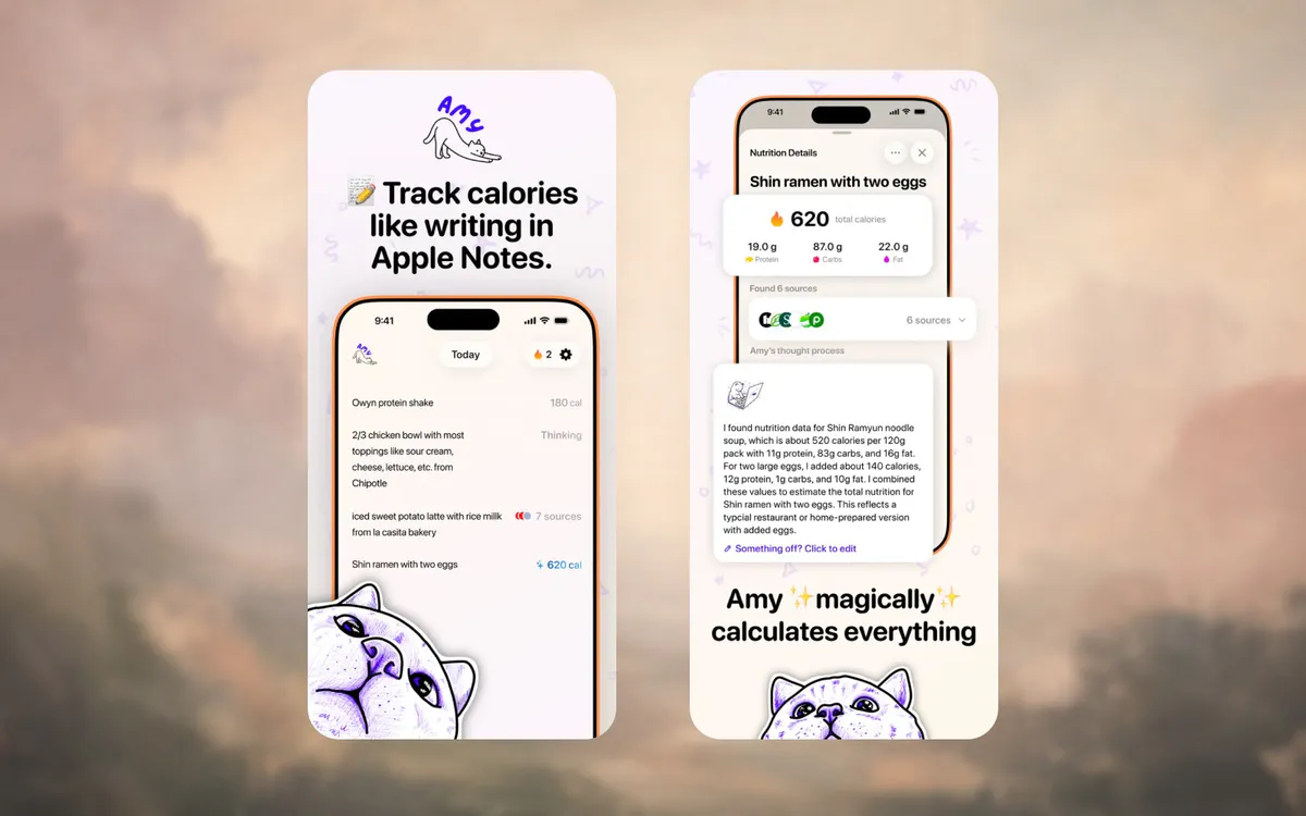 Amy Food Journal App Store screenshots showing notes-style calorie tracking and automatic nutrition estimates
