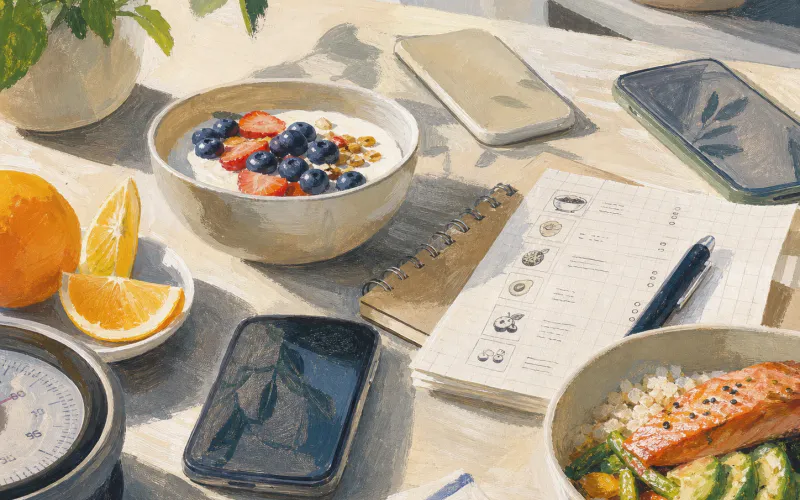 Painterly editorial kitchen table with phones, food journal notes, yogurt, citrus, salmon bowl, and kitchen scale for a calorie tracker app guide