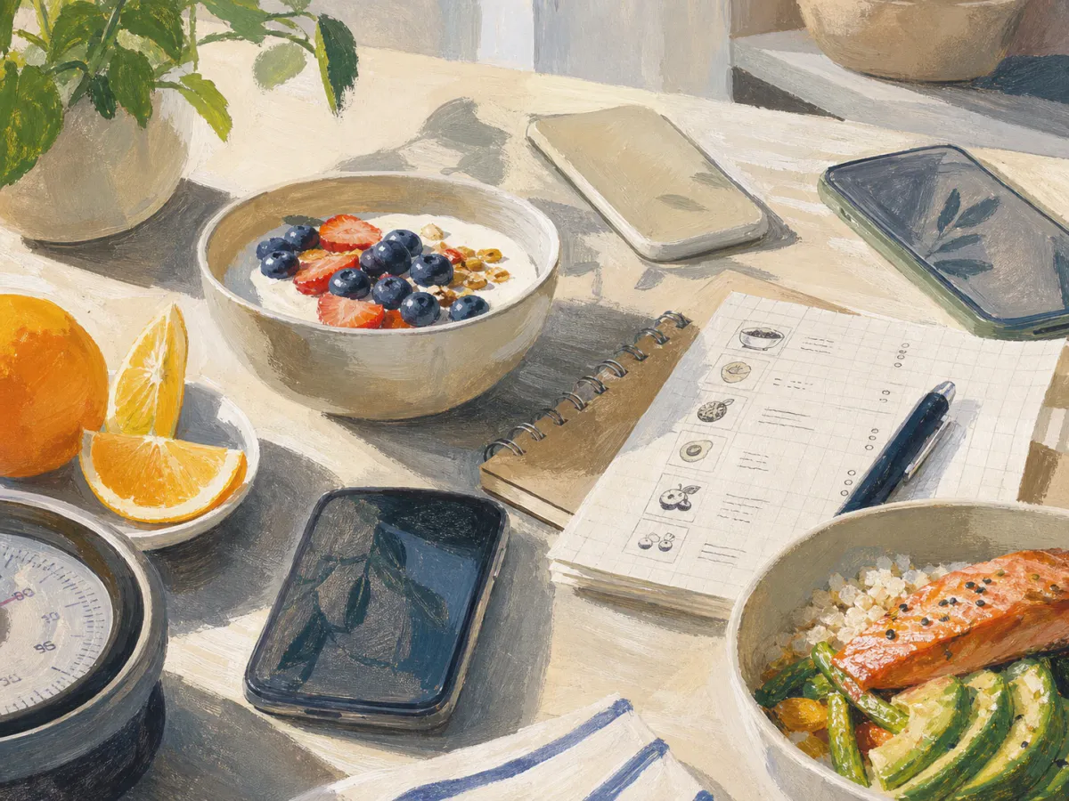 Painterly editorial kitchen table with phones, food journal notes, yogurt, citrus, salmon bowl, and kitchen scale for a calorie tracker app guide