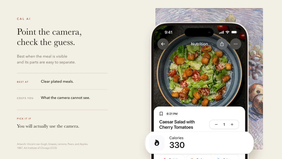 Cal AI meal photo result showing a photographed salad and an editable 330-calorie estimate