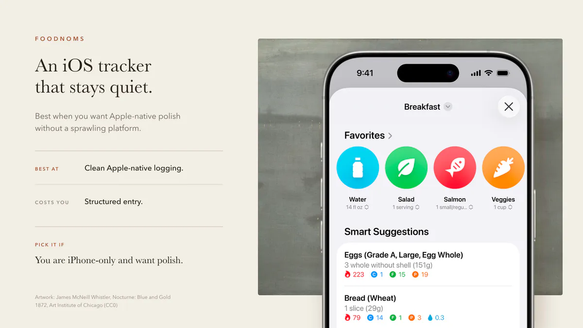Foodnoms quick take showing its Apple-native food log, clean interface, and structured entry workflow