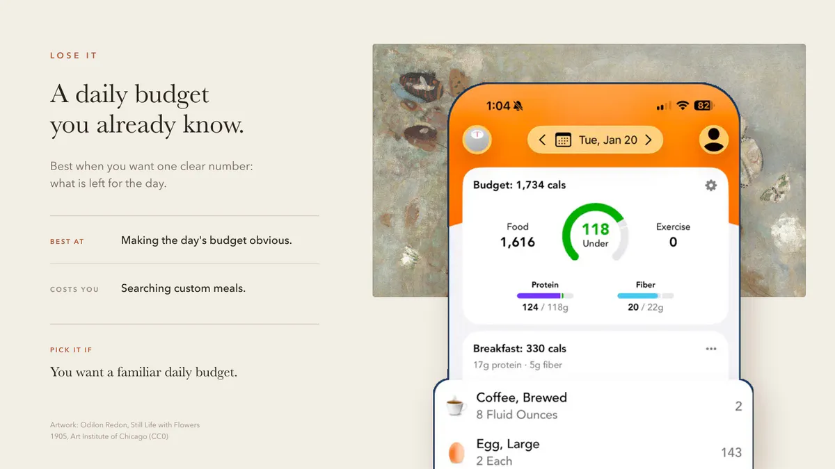 Lose It quick take showing its daily calorie budget, familiar dashboard, and database-search tradeoff