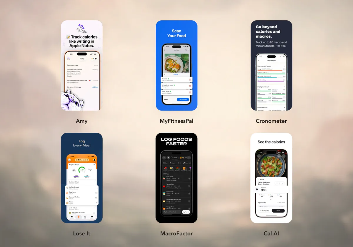 Visual comparison of Amy, MyFitnessPal, Cronometer, Lose It, MacroFactor, and Cal AI app screenshots