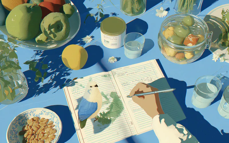 Artistic illustration of a person writing in a food journal surrounded by colorful fruits and vegetables on a blue surface
