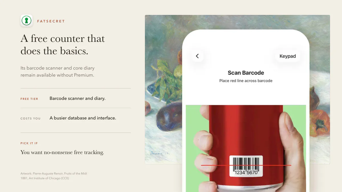 FatSecret barcode scanner screenshot beside a concise review of its free tracking tools