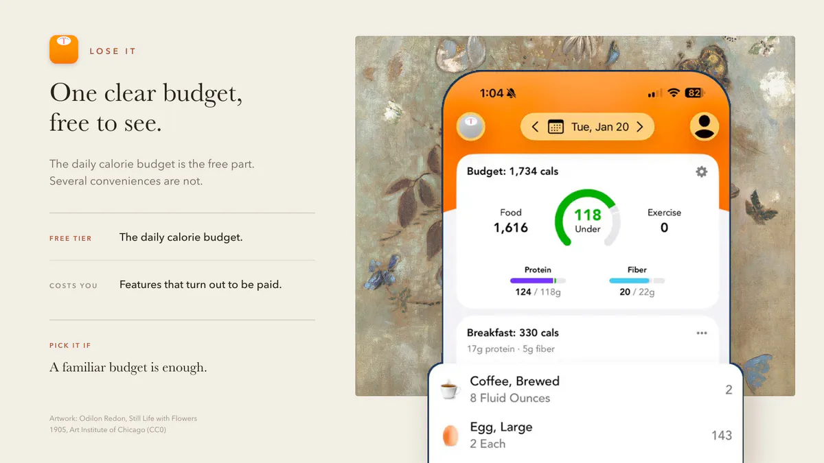 Lose It daily calorie budget screenshot beside a concise review of its free tier