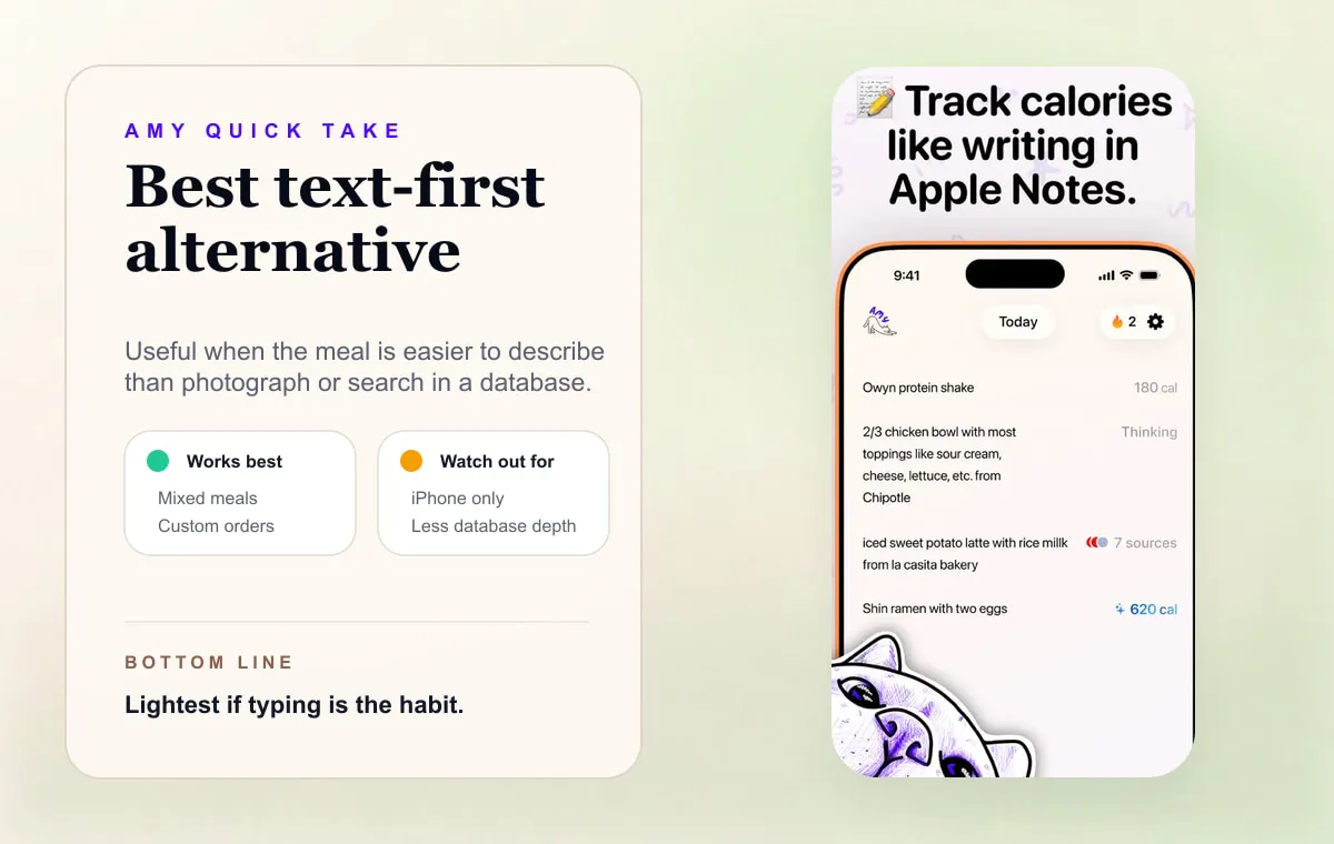 Amy Food Journal quick take card showing text-first calorie tracking as a Cal AI alternative