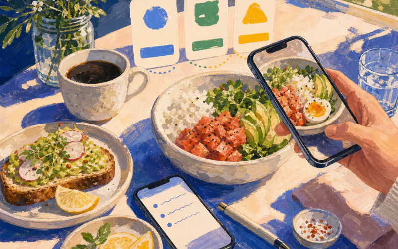 Painterly cafe table with phones, salad bowl, toast, coffee, food note, and abstract app comparison cards for Cal AI alternatives