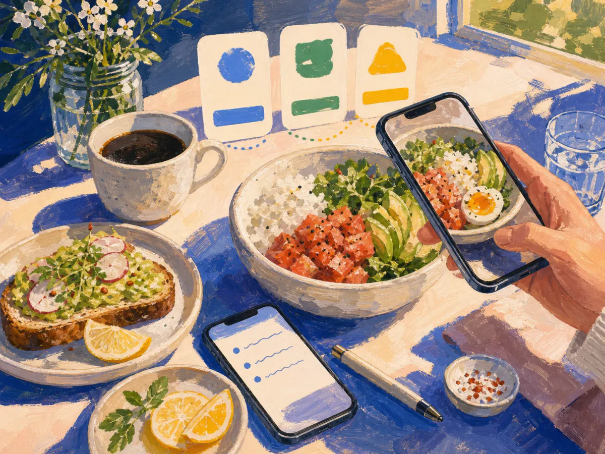 Painterly cafe table with phones, salad bowl, toast, coffee, food note, and abstract app comparison cards for Cal AI alternatives