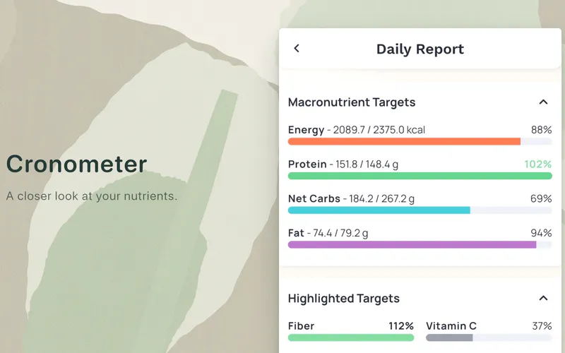 Cronometer daily nutrient report from its official App Store illustration, on a pale green painted background