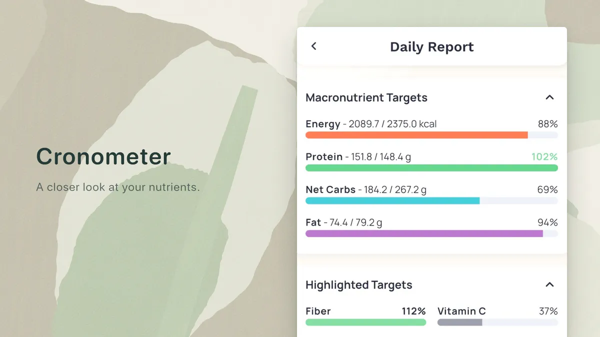 Cronometer daily nutrient report from its official App Store illustration, on a pale green painted background