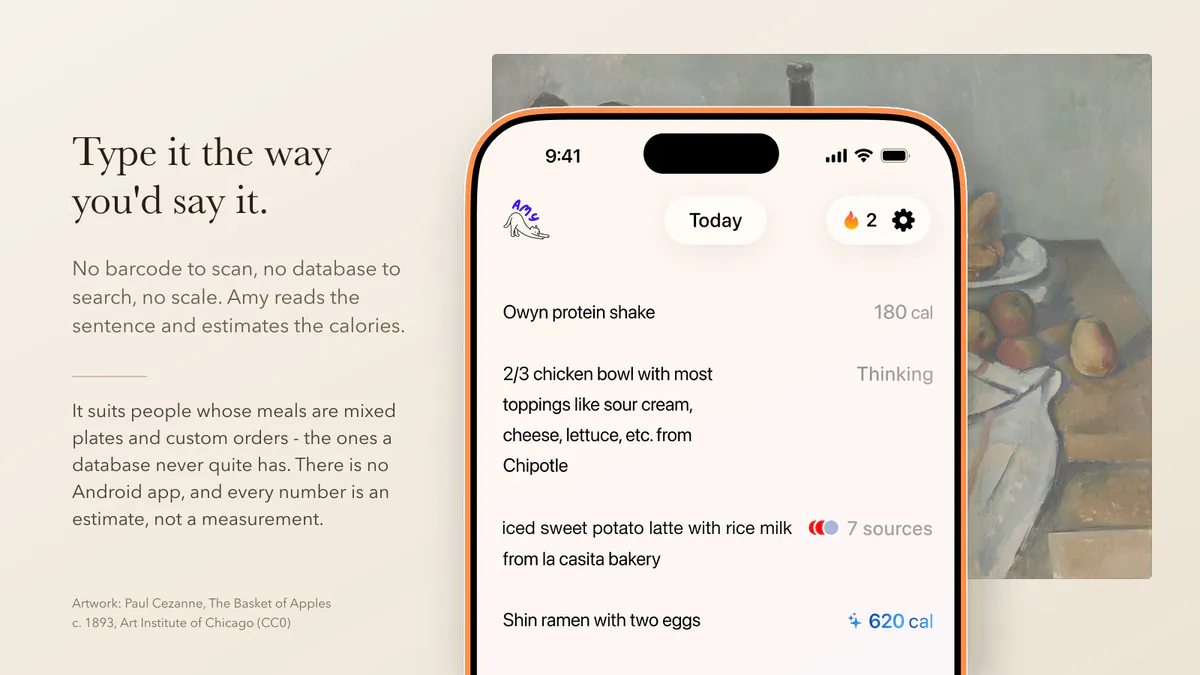 Amy Food Journal in front of Cezanne's public-domain still life of bread and apples, with a concise explanation of text-first calorie tracking