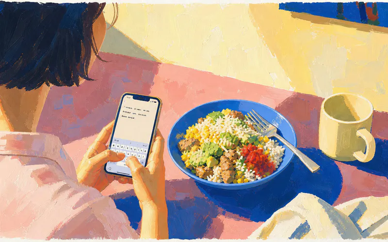 Gouache illustration of a person typing a plain-language description of a chicken and rice bowl into a phone beside the meal