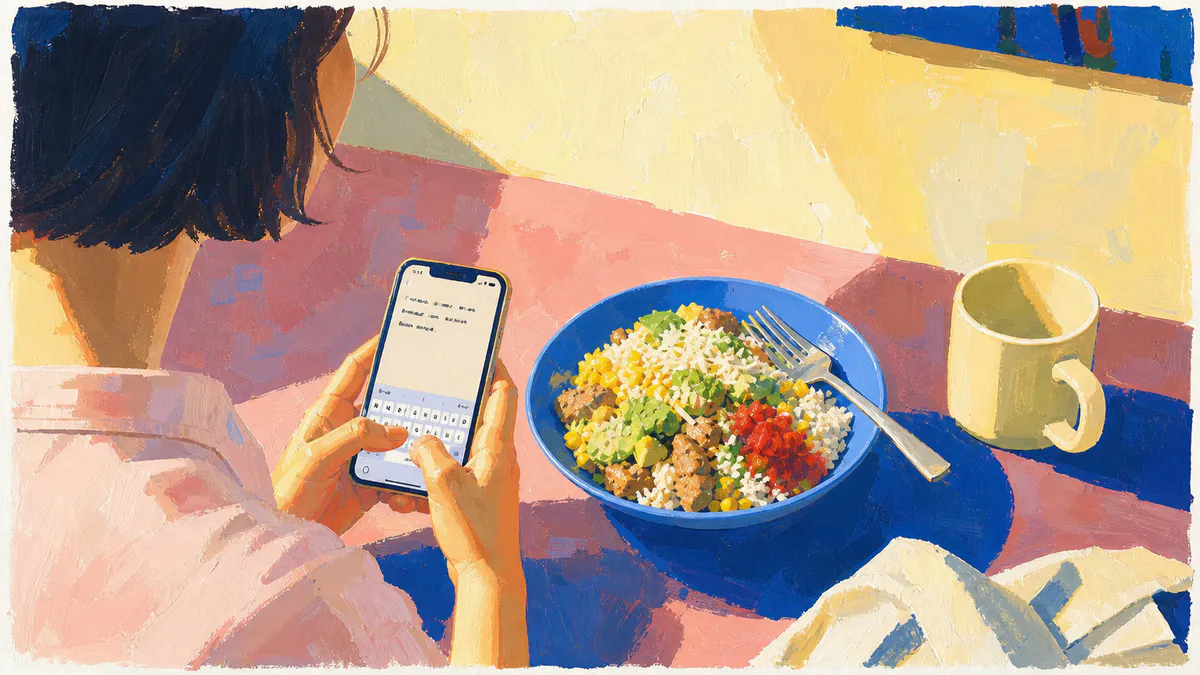 Gouache illustration of a person typing a plain-language description of a chicken and rice bowl into a phone beside the meal