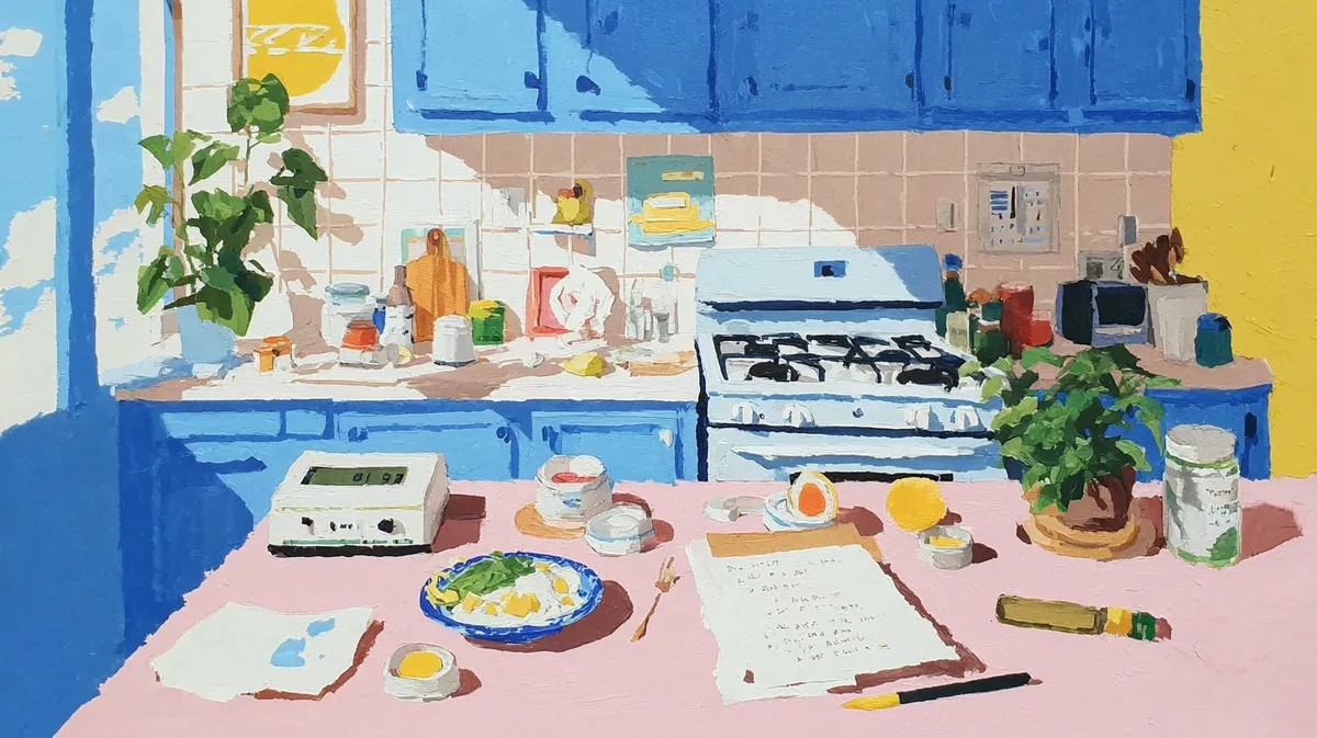 Painted kitchen scene with a food scale, handwritten notes, and a simple meal illustrating the work involved in precise calorie tracking