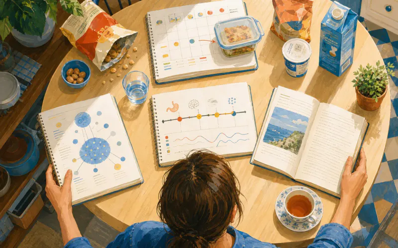 Painted illustration of five different food journals arranged with a snack wrapper, leftovers, packaged foods, and tea