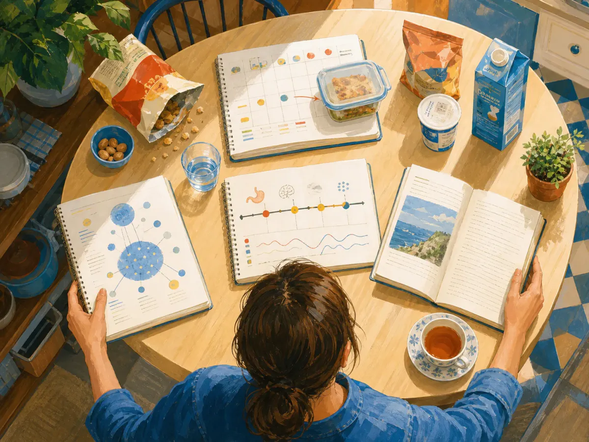 Painted illustration of five different food journals arranged with a snack wrapper, leftovers, packaged foods, and tea