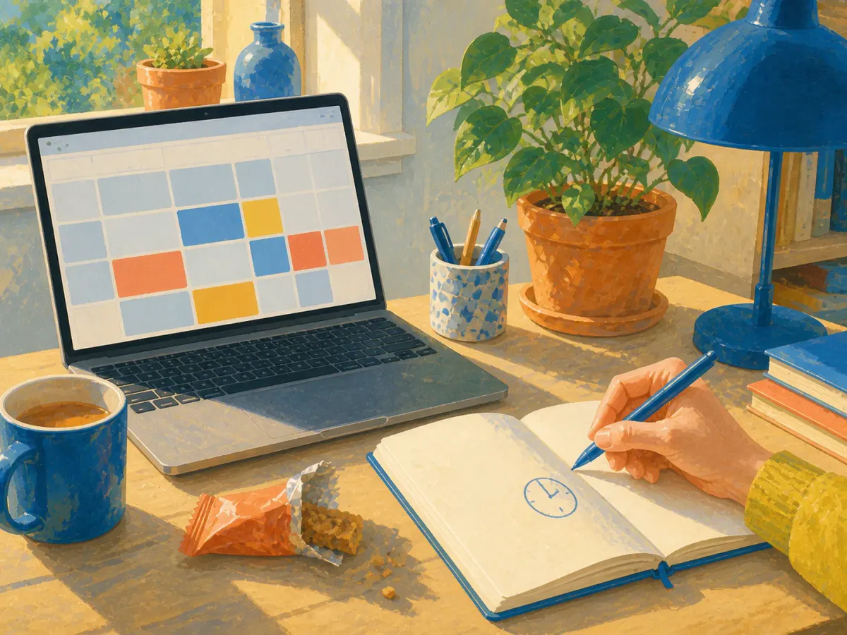 Painted illustration of a snack wrapper beside a work calendar while a late approximate-time entry is added to a notebook