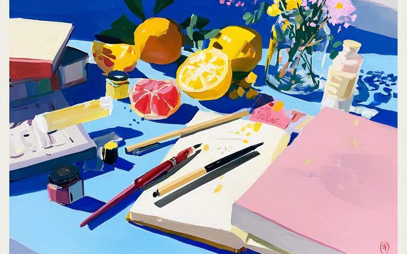 Artistic illustration of a food journal notebook with colorful meal entries and a pen