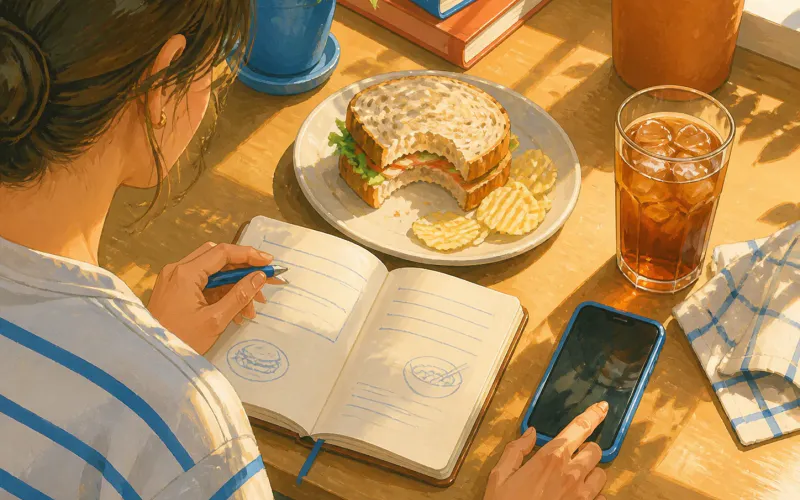 Painted illustration of one desk lunch beside an open food journal and a phone used for calorie tracking
