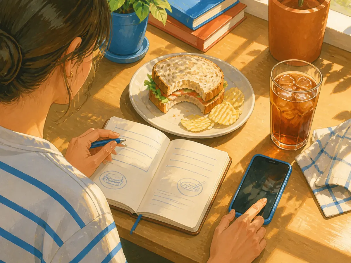 Painted illustration of one desk lunch beside an open food journal and a phone used for calorie tracking