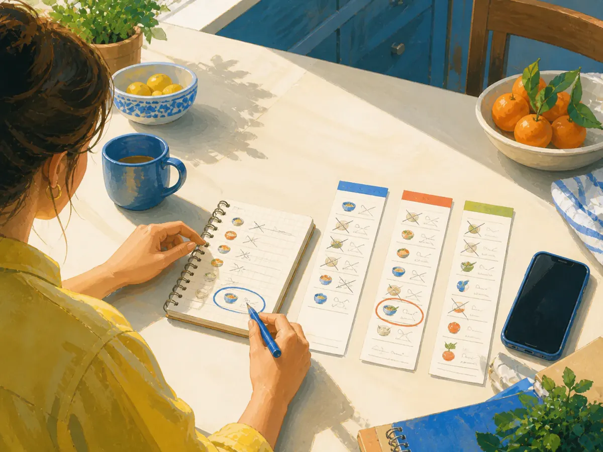 Painted illustration of a person reviewing journal, calorie-counter, and hybrid records at a kitchen table