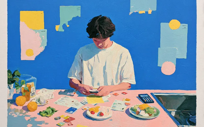A person setting aside a generic subscription receipt while continuing to log yogurt, granola, berries, and coffee